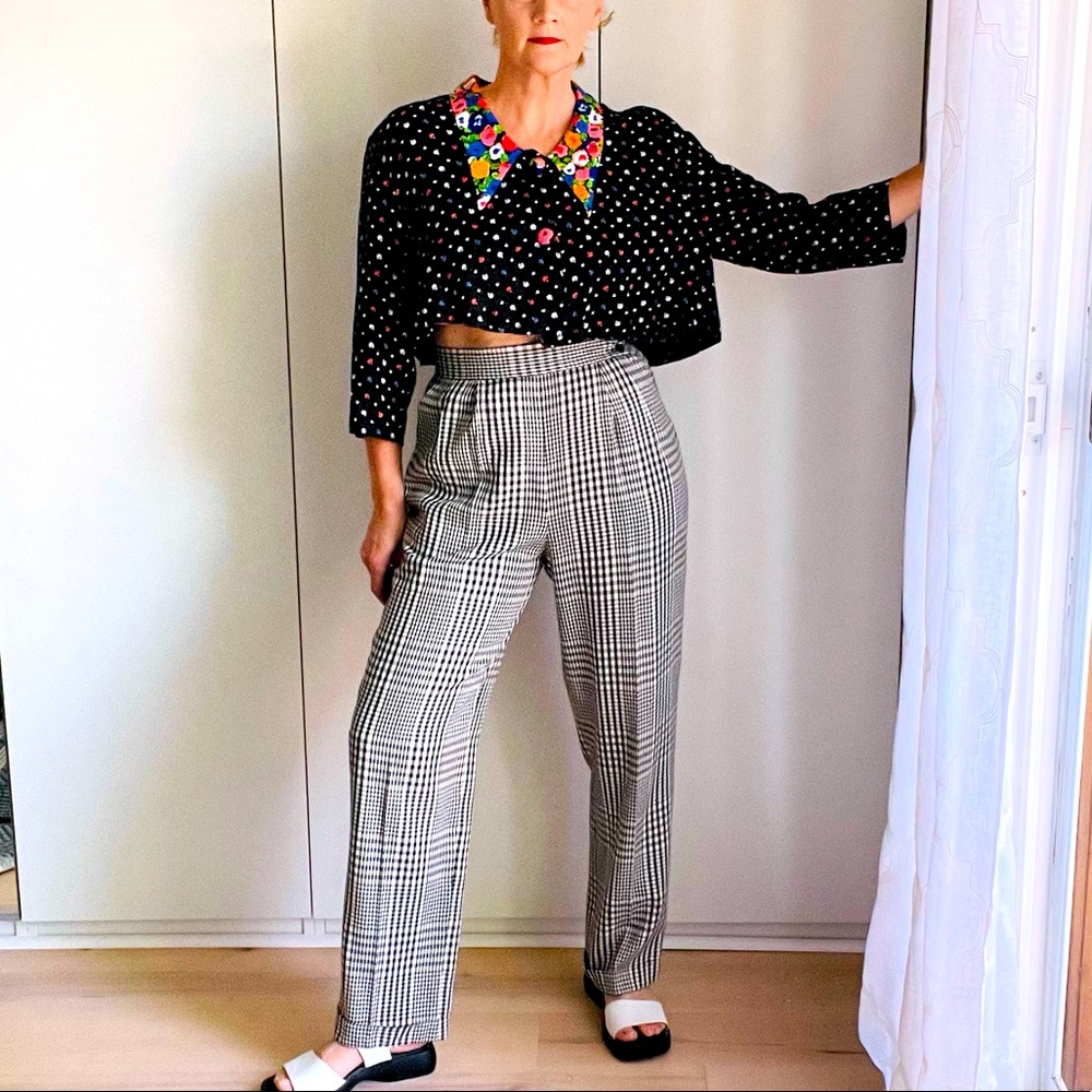 90s Trousers plaid Black/White/Gold M-8 high waist